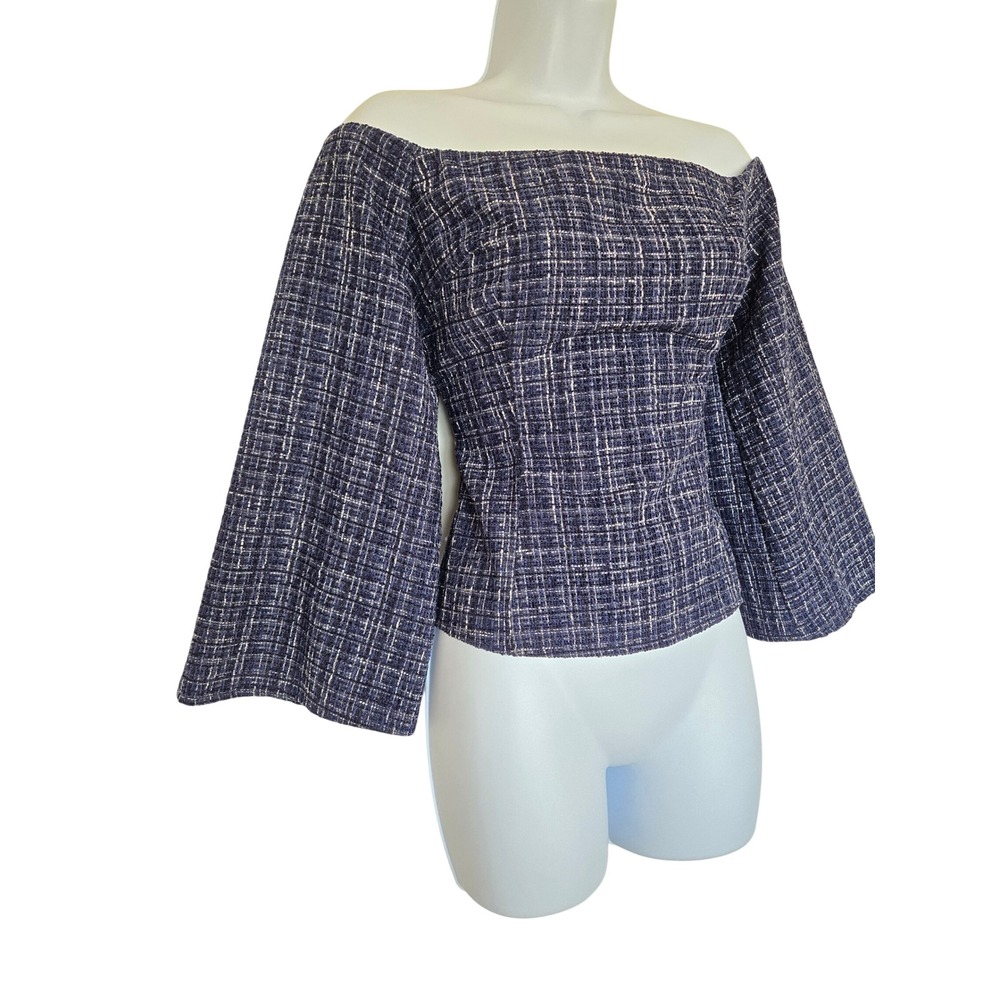 Zara Navy Tweed Off Shoulder Top L Flare Sleeve Office Siren Mod Retro Tailored - Picture 3 of 11
